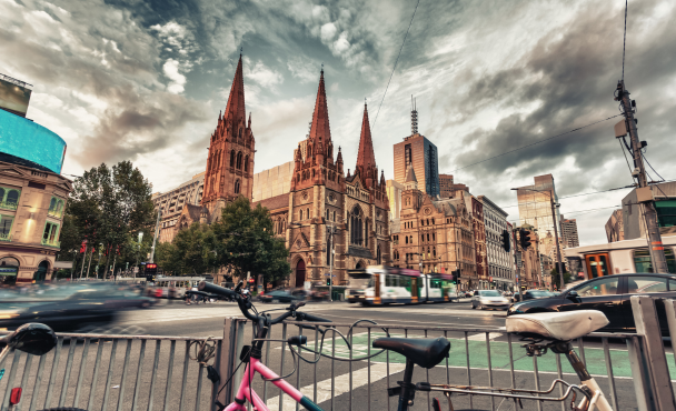 St Pauls Cathedral in Melbourne with pink bicycle parked in the foreground