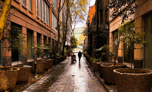 A couple of people walking down a street next to tall buildings in Melbourne laneway with autumn leaves on the ground.
