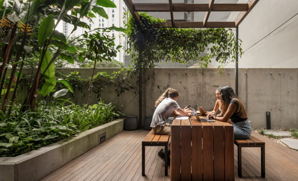 A group of four students studying in an external courtyard at Iglu Brisbane City, framed by tropical trees and trailing plants depicting eco-friendly student accommodation.